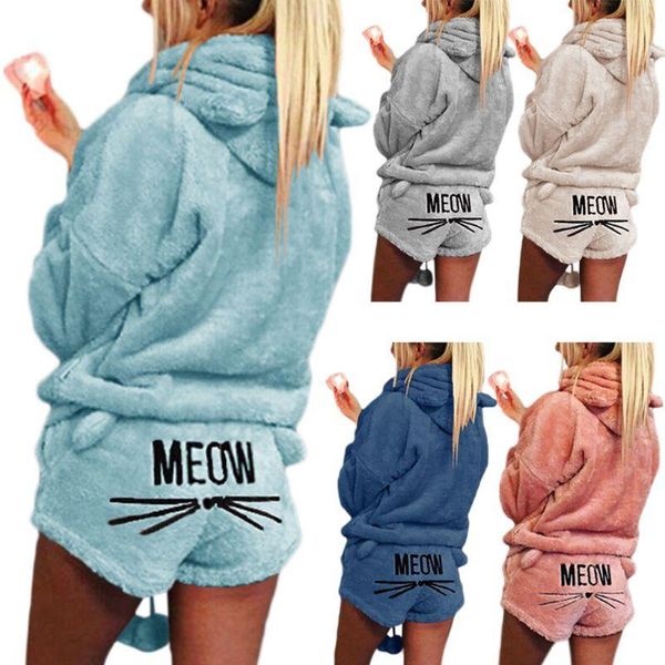 

pajamas women girls plus size winter thicken set cute cat meow embroidered short pants long sleeve hooded ears sweatshirt warm s, Blue;red