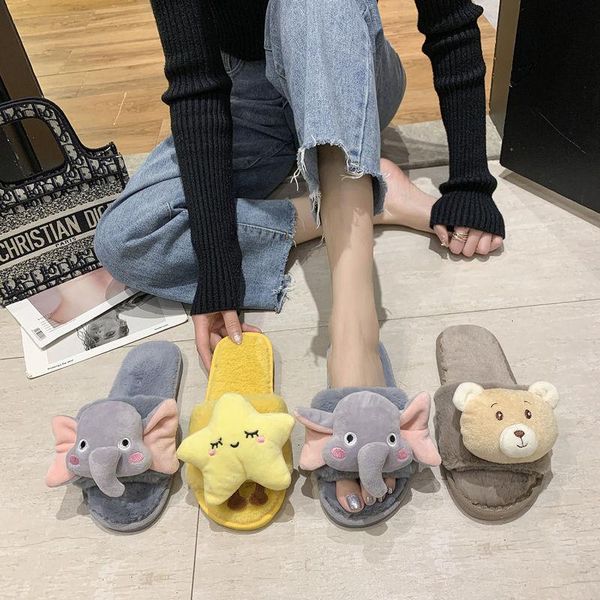 

fashion cartoon kawaii fluffy slippers women furry fur summer winter home ladies flat shoes, Black
