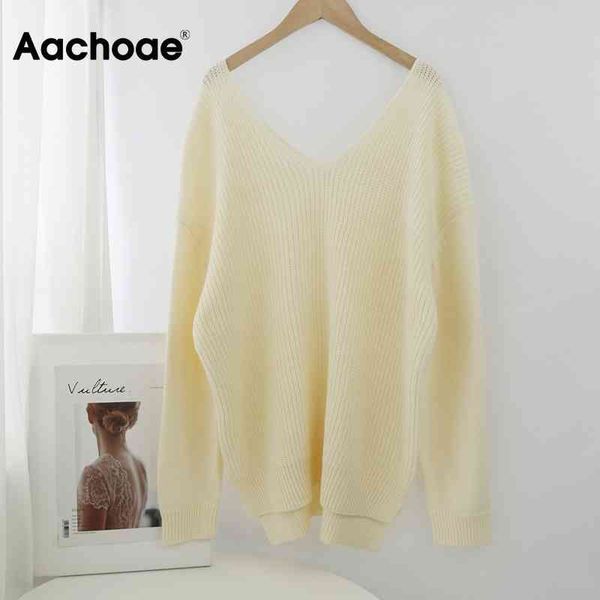 Aachoae Solid V-Ausschnitt Pullover Pullover Frauen Lose Batwing Langarm Strickpullover Unregelmäßiger Saum Mode Pullover Weiblich 210413