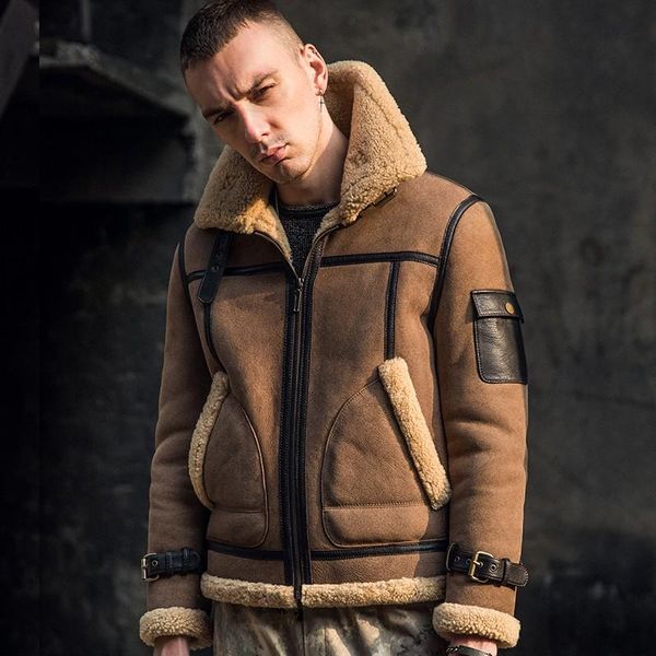 

men's leather & faux brand mens genuine sheepskin coat winter warm thicken real fur wool liner bomber jacket vintage biker shearling co, Black