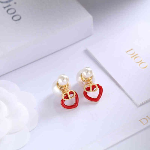 

2022 latest factory wholesale red love earrings new fashion brass pearl earrings high sense of temperament, Golden