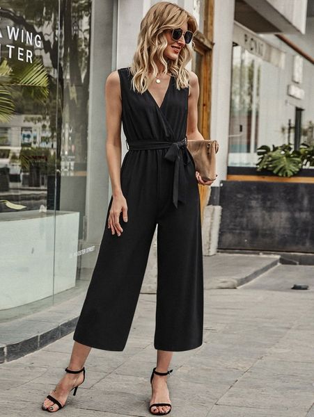 

solid surplice front belted jumpsuit l1ia#, White