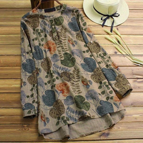 

women's blouses & shirts floral print blouse women long sleeve cotton linen button up shirt et chemises loose clothes ethnic, White