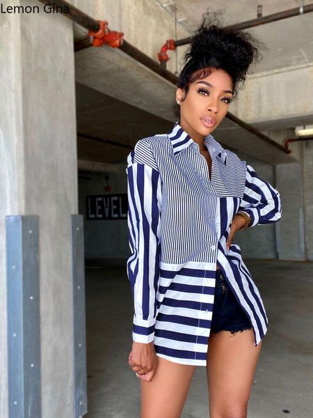 

women's blouses & shirts lemon gina summer 2021 fall european and american fashion striped print loose shirt skirt, White