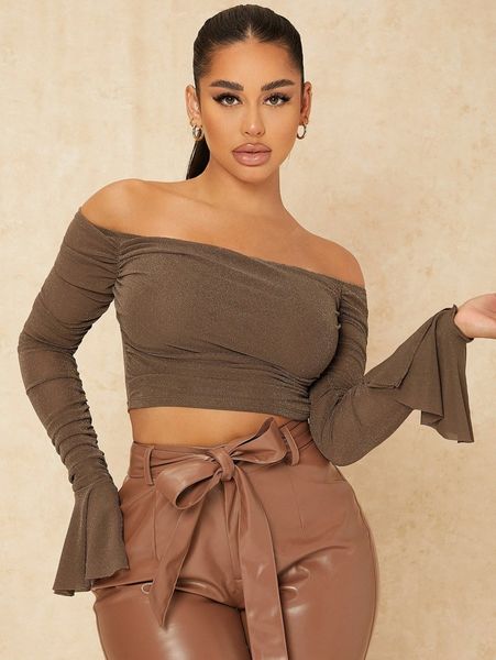 

sxy off shoulder bell sleeve glitter crop tee v6o4#, White