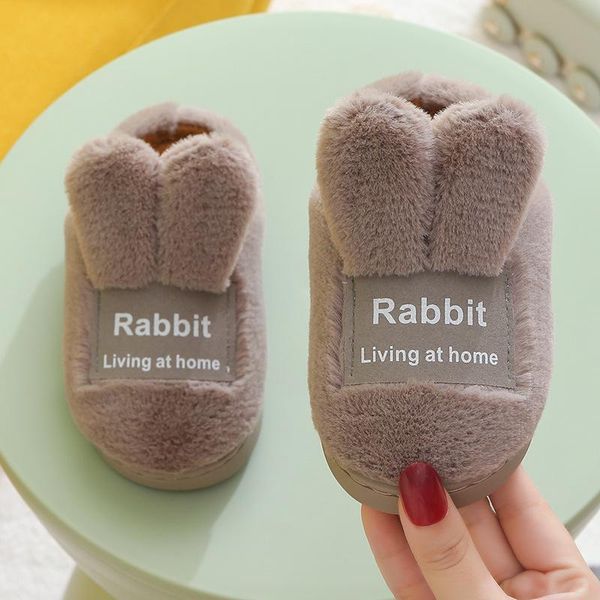 

girls shoes plush boys flip flops cartoon rabbits warm home slippers indoor kids floor slipper, Black;grey