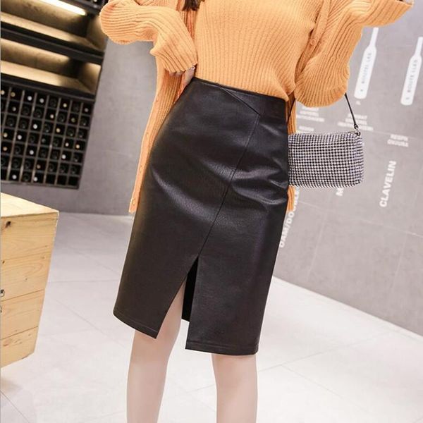 

high waist autumn winter pu skirts women solid black skirt vintage fit slim knee-length femme casual s- s504