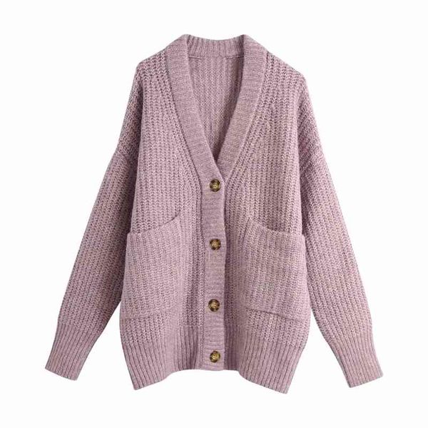 

streetwear women purple sweater fashion ladies pocket thick long casual female button vintage girls 210427, White