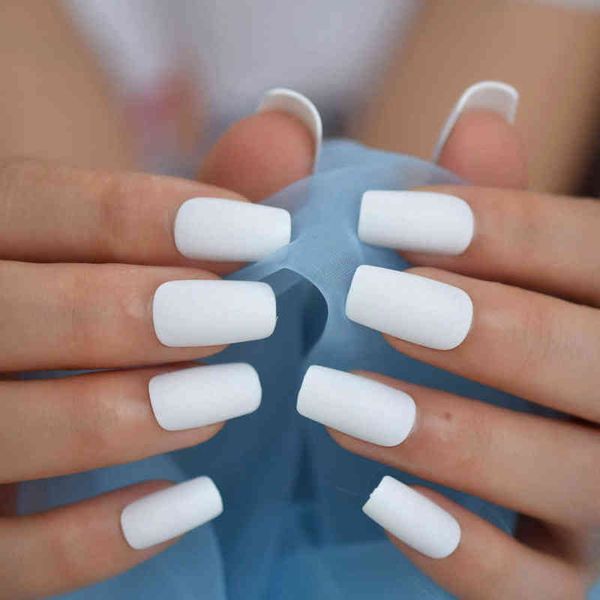 

false nails medium long matte fake nails white matt solid color nail tips square acrylic fignernails 24 220225, Red;gold