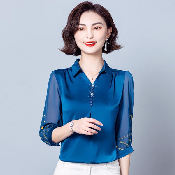 

women's blouses & shirts blouse women autumn 2021 office lady chiffon silk solid loose green black blusas womens and, White