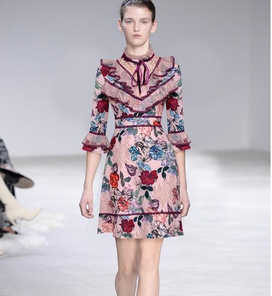 

a line long sleeve lace fashion designer runway dress spring summer women stand collar mesh ruffles floral-print dresses, Black;gray