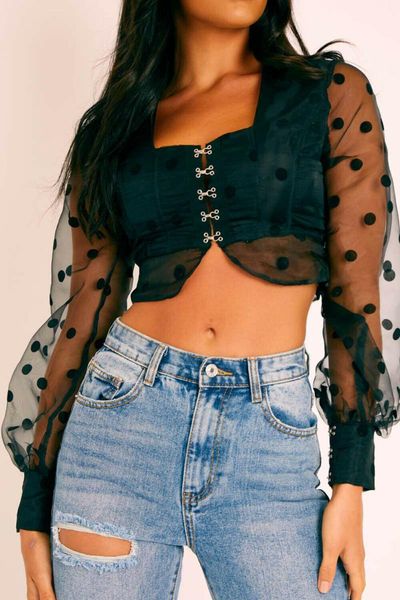 

women's sheer mesh see-through blouse 2021 fashion elegant slim polka dot puff long sleeve shirt turtleneck fall blouses & shirts, White