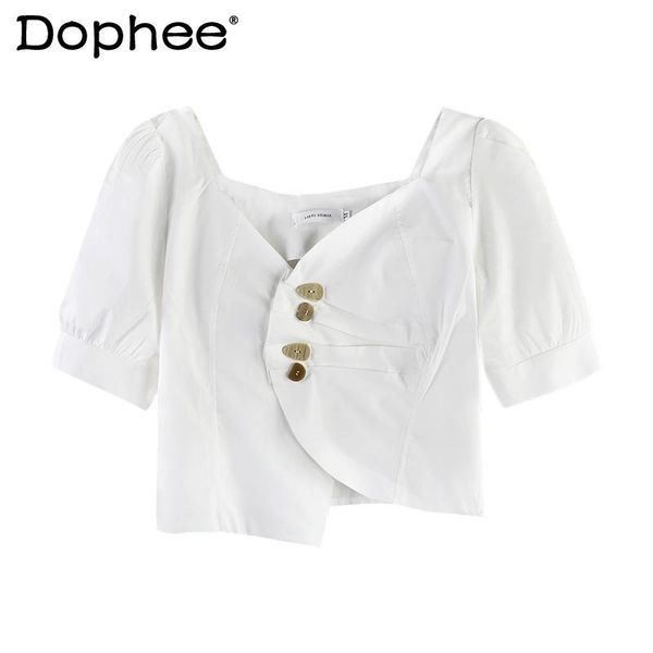 

women's blouses & shirts solid colour elegant short-sleeved shirt for women 2021 summer french gentle blouse square collar clavicle sho, White