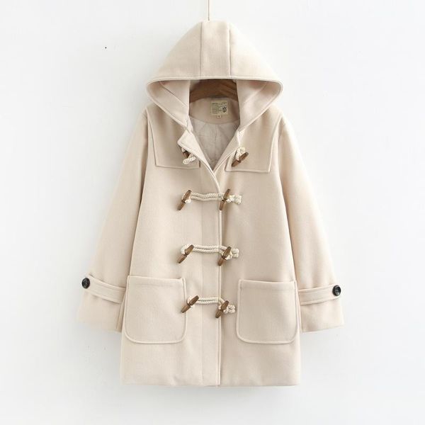 

women's wool & blends japanese solid 2021 winter preppy style hooded long sleeve horn buckle coat padded warm pocket sweet woolen coats, Black