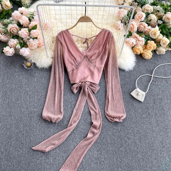 

singreiny women design korean blouse v neck puff sleeve zipper solid short autumn fashion streetwear slim blouses 210419, White