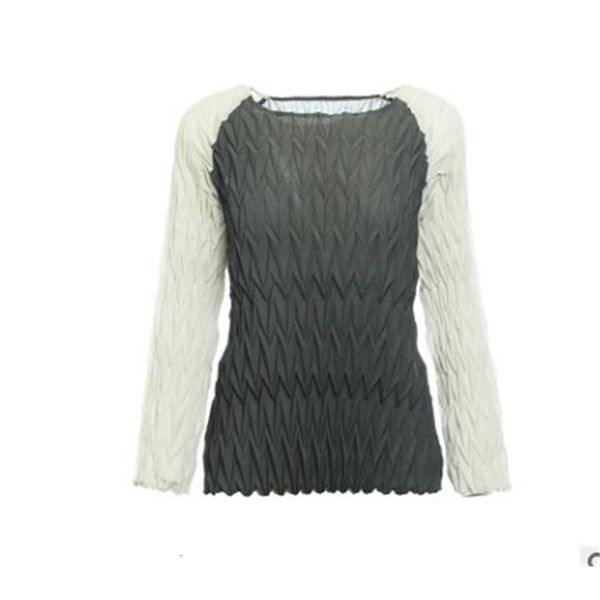 

knits miyake fashion fold long sleeve o-neck slim patchwork t-shirt, White