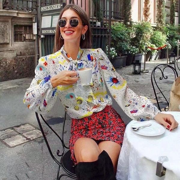 

100% silk women blouses star printed blouse with bow young lady casual shirts women's, White