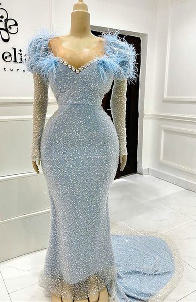 

2021 plus size arabic aso ebi sparkly mermaid prom dresses sheer neck crystals feather evening formal party second reception gowns dress zj6, Black