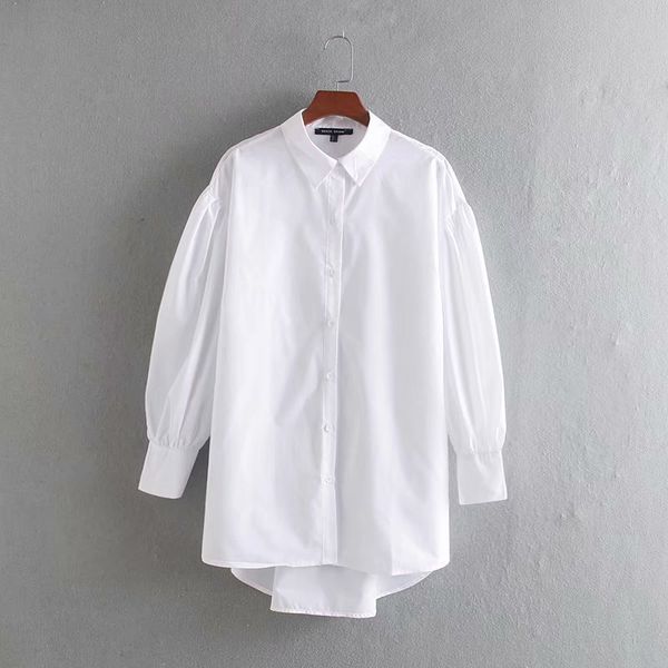 

summer fashionable women's long shirt fashionable black and white loose long sleeve lapel front short rear long loose poplin 210419