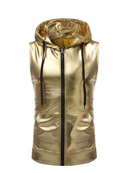 

men's vests mens fashion bright shiny reflective vest male drawstring loose sleeveless gold jacket hooded boys dance costume plus size, Black;white