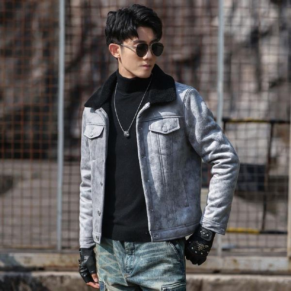 

men's fur & faux leather jacket 2021 winter plus-size fashion casual men solid lapel single-breasted slim retro warm, Black