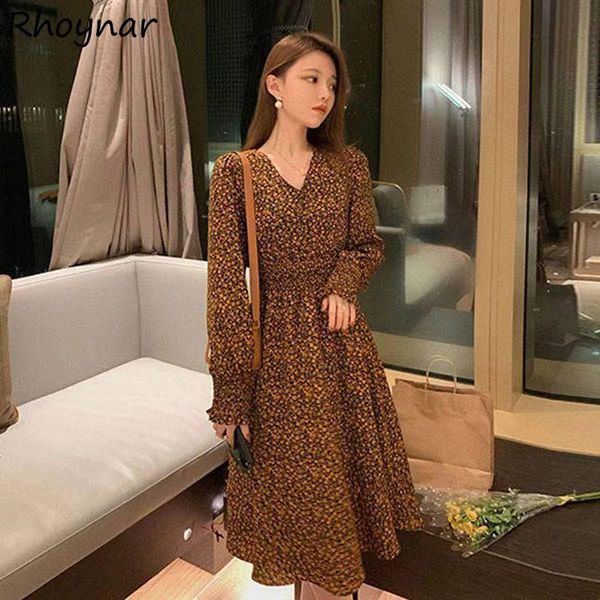 

casual dresses long puff sleeve dress women tender v-neck elegant printed mid-calf girls holiday empire korean style vestido arrive spring, Black;gray
