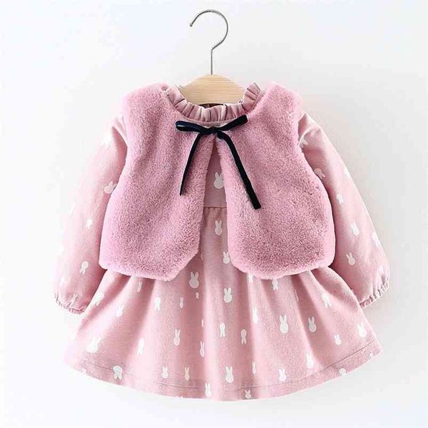 

girls suit children's clothing autumn and winter fur vest+princess party cartoon velvet dress 2pcs warm baby kids girl clothes 210625, White