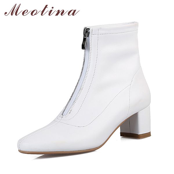 Stivaletti da donna Scarpe in vera pelle Tacco alto Cerniera corta Tacchi spessi Donna Autunno Nero Bianco 210517