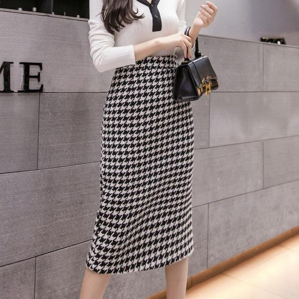 

skirts high waist midi houndstooth thick woolen cloth skirt fashion party bodycon women office vestidos, Black