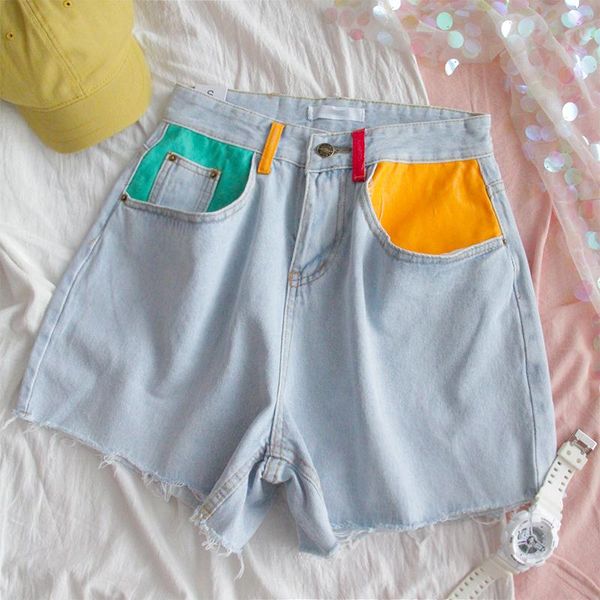 

women's shorts 2021 summer denim high waist colorful pockets blue, White;black