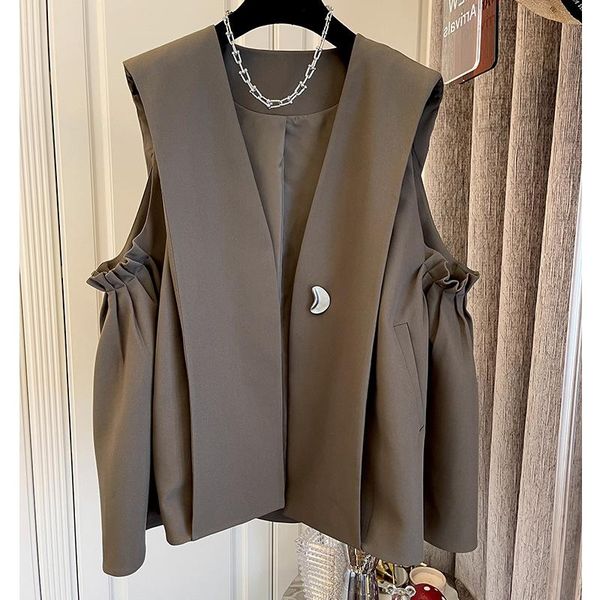 

women's vests designer pea buckle korean loose casual pleated umbrella-shaped a line suit waistcoat vest women, Black;white