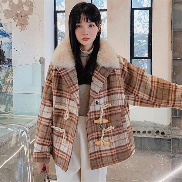 

women's wool & blends 2021 autumn winter women short plaid faux woolen colth coat fur collar horn button long sleeve casual outerwear f, Black