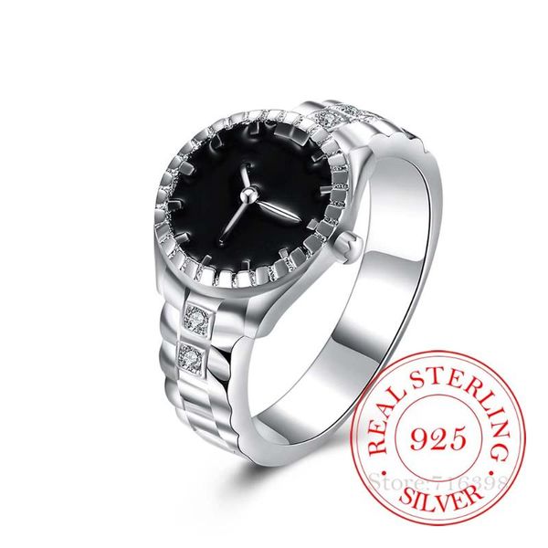 

cluster rings high-quality 925 sterling silver for women men female watch shaped cz crystal infinity ring bague argent anillos mujer, Golden;silver