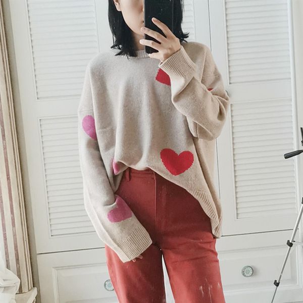 

sweaters women's cashmers knitted sweater heart pattern split long sleeve loose casual autumn winter ladies pullovers, White;black