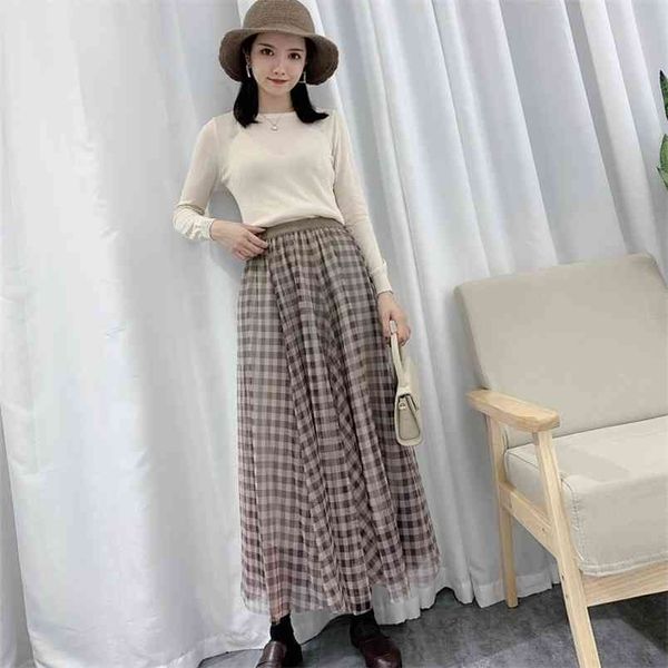 

spring simple plaid high waist thin elastic all-match fresh and sweet women a-line long skirt 210527, Black