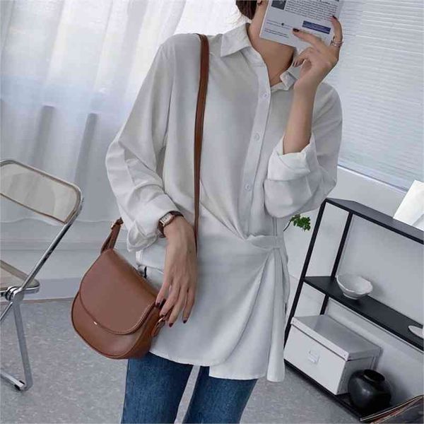 WWENN Weiße Bluse Frauen Frühling Sommer Tops Langarm Knopf Umlegekragen Chiffon Shirts Frau Kleidung Unregelmäßig 210507