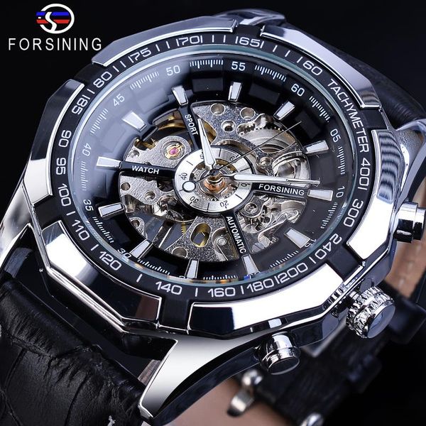 

Forsining Male Mechanical Watches Hollow Black Genuine Leather Wristwatch Glow Hands Racing Mens Students Hand Wind Watch Clock Wristwatches, Slivery;brown