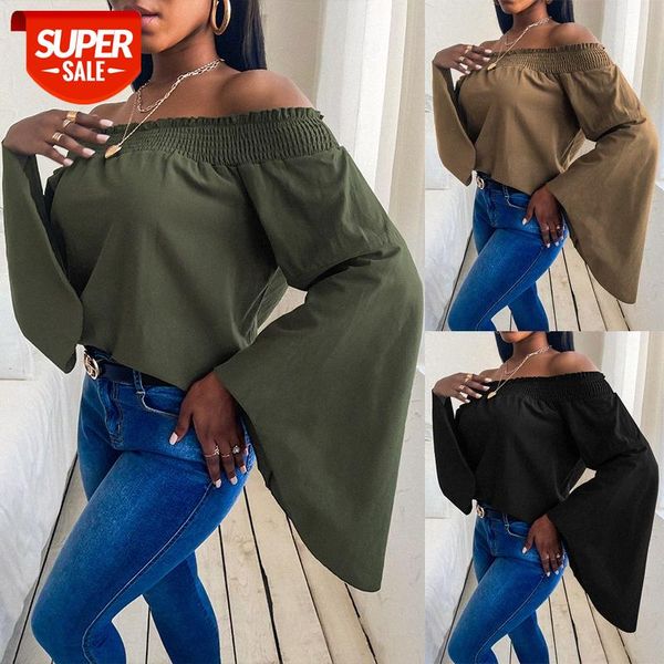 

[in stock]european and american women's clothing loose long-sleeved solid color off-the-shoulder t-shirt women #9h6z, White