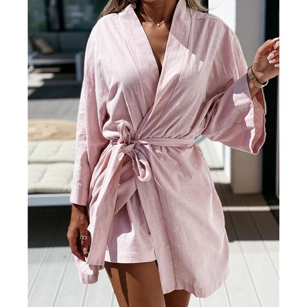 

casual dresses women fashion loose cardigan split mini dress solid 4 colors long sleeve v neck belted lined autumn spring clothes, Black;gray