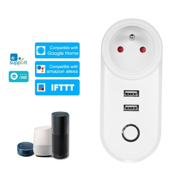 

smart power plugs mini wifi socket eu type e plug 2*usb charging port remote control by phone voice for amazon /google
