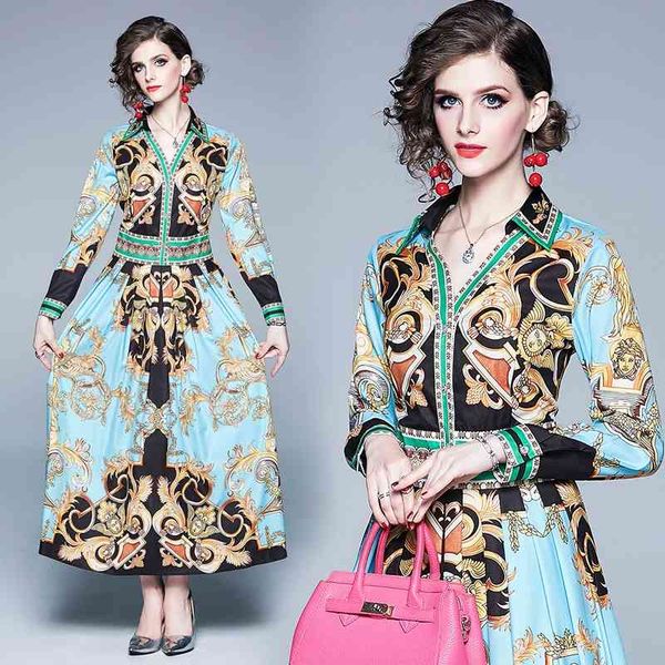 

women's classic baroque floral print button front lapel neck empire waist pleated dress office ladies slim party dresses, Black;gray