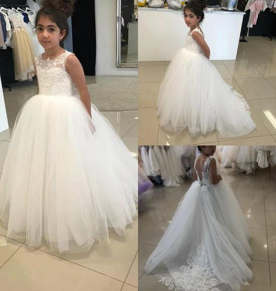 

white flower girl dresses tulle lace v back appliqued a line girls pageant dress custom made jewel neck cute kids formal gown, White;blue