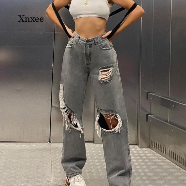 

women's jeans streetwear ripped high waist fashion trousers denim loose, Blue