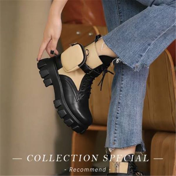 

motorcycle women boots lace up thick-soled winter boots pocket decor black shiny leather woman botas de mujer leather 210507