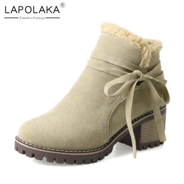 

boots 2021 lapolaka warm plush slip on woman shoes comfortable lace decoration work office boot ladies, Black