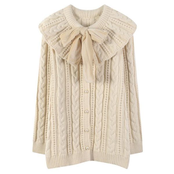 

women's jackets autumn winter woman lace-up bow twist doll collar thick knit cardigan coat loose knitted sweater jumper cute sweet clot, Black;brown