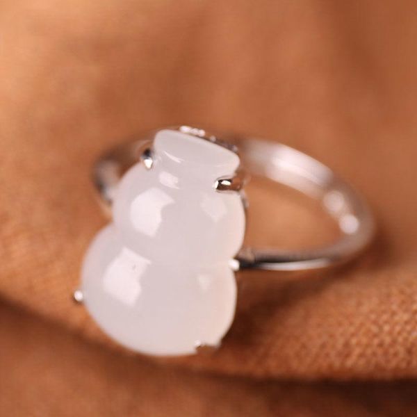 

cluster rings s silver original hetian jade female models with white gourd opening adjustable ring anniversary holiday gift, Golden;silver