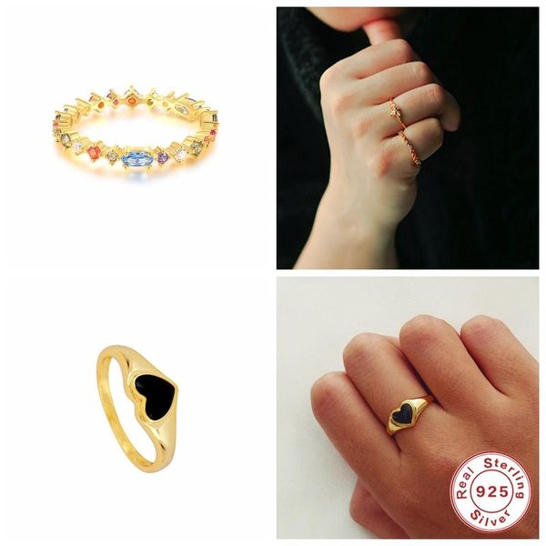 

real s925 sterling silver black zircon rings for women love heart birthday party gifts 2021 crystal fine jewelry anillos cluster, Golden;silver