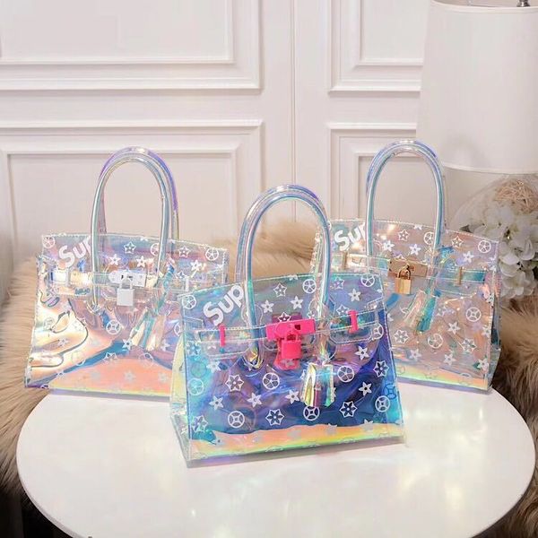

laser printed white powder gold buckle portable one shoulder messenger with transparent pvc inner bag