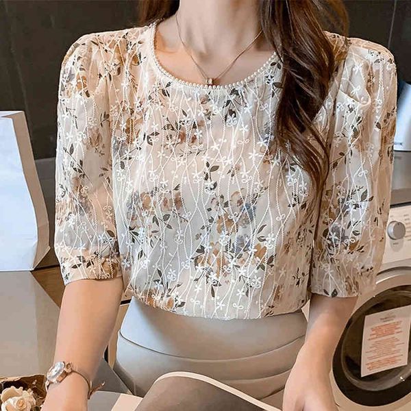 Lucyever Summer Imprimir Manga Curta Camisas Mulheres Moda Pérola O-pescoço Chiffon Blusa Mulher Coreana Sólida Chique Lady Tops 210521